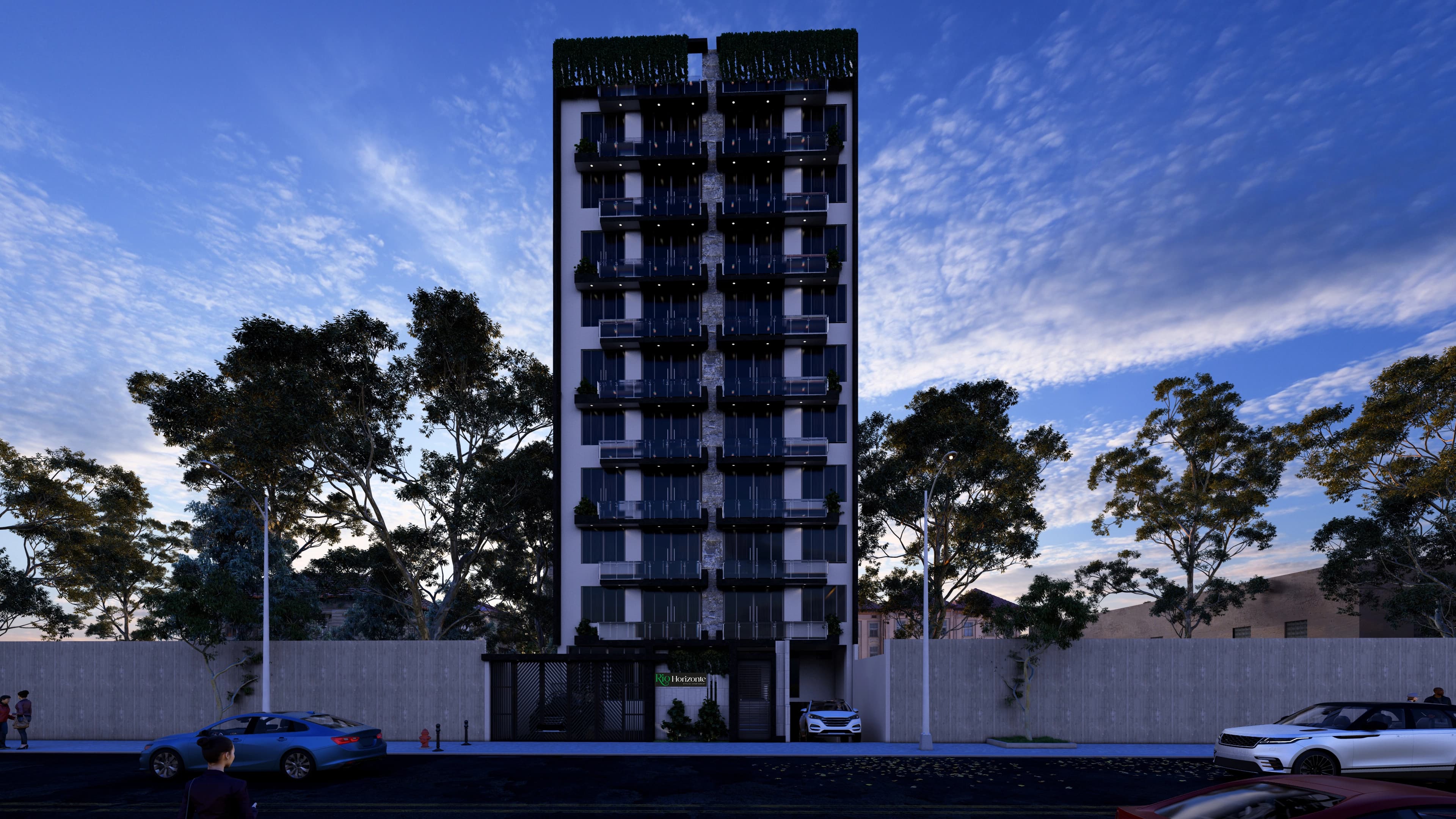 Render arquitectónico de una casa moderna al atardecer